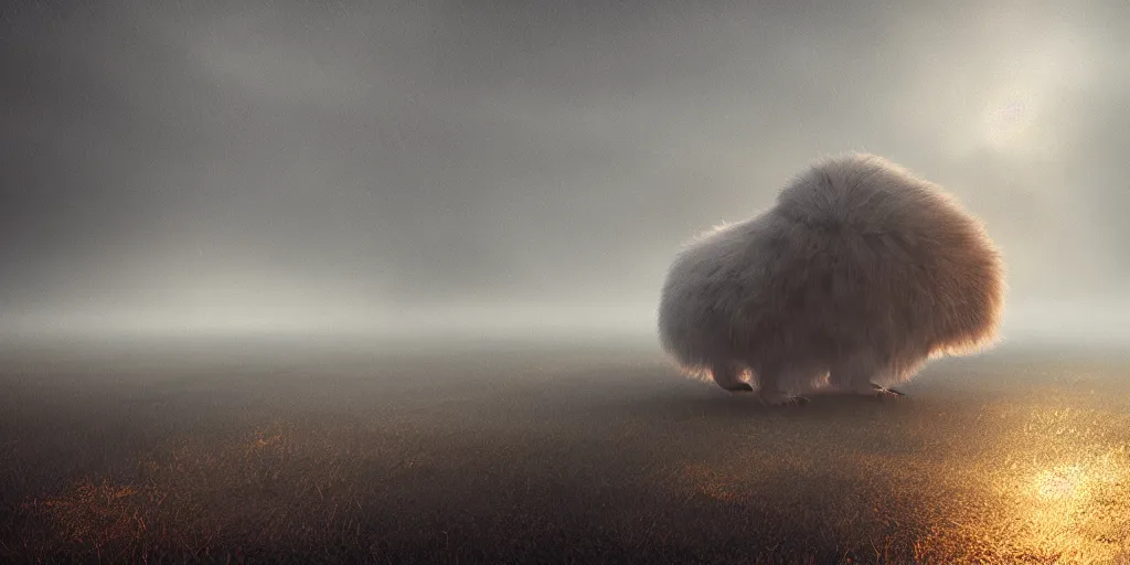 Prompt: fluffy unknown creature, fog, rain, volumetric lighting, beautiful, golden hour, sharp focus, ultra detailed, cgsociety