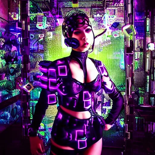 Prompt: “ gorgeous cybergoth woman in a futuristic symmetric augmented reality opium den ”