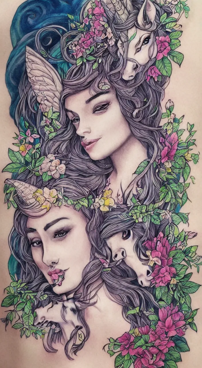 Prompt: beautiful woman with large tattoo of unicorn, intricate, flowers, mythical, detailed, digital painting