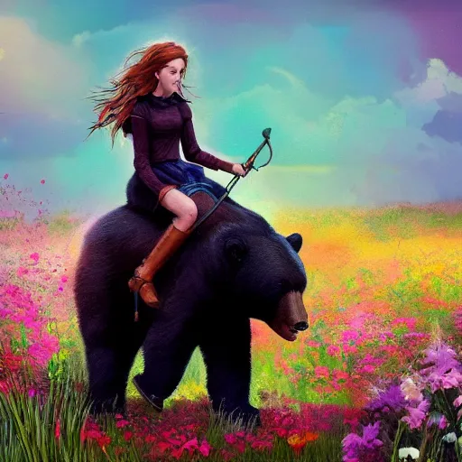 Prompt: girl riding a giant black bear in a field of flowers, trending on artstation