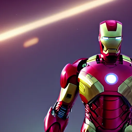 Image similar to A still of Iron Man somewhere in the universe, Cinematic, Space, Galaxy, 8K, highly detailed, reflection, Neon, epic,