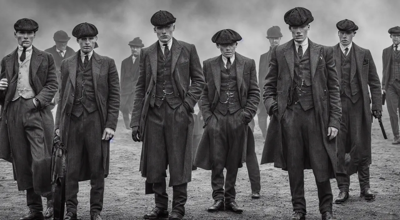 Image similar to a scene from peaky blinders, medium long shot, 3 / 4 shot, full body picture of cillian murphy and tom hardy, sharp eyes, serious expressions, detailed and symmetric faces, black and white, epic photo by talented photographer ansel adams,