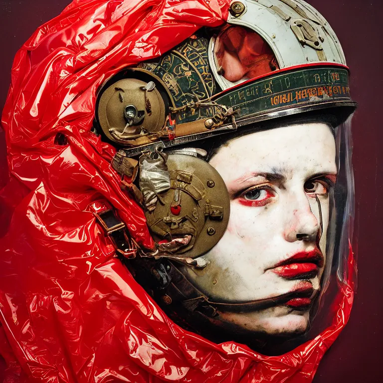 Image similar to portrait of a third reich soldier in ornate motorcycle dirt helmet in a helmet background red plastic bag, circuitboard,, rich deep colors, ultra detail, by francis bacon, james ginn, petra courtright, jenny saville, gerhard richter, zdzisaw beksinsk, takato yamamoto. masterpiece, elegant fashion studio ighting 3 5 mm