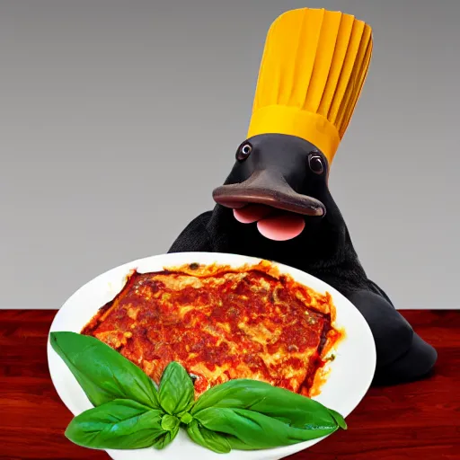 Prompt: platypus wearing a chef hat while holding a lasagna with three basil leaves over the lasagna