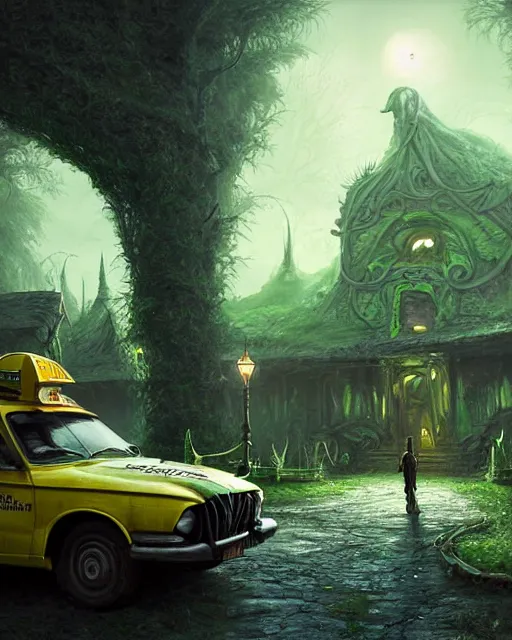 Image similar to xenomorph taxi car in a fantasy village, calming, uplifting mood, ultra realistic, farm, small buildings, highly detailed, atmosphere, masterpiece, epic lighting, elves, green plants, magic, illuminated, 4 k, cinematic, morning sun, art by eddie mendoza, sylvain sarrailh