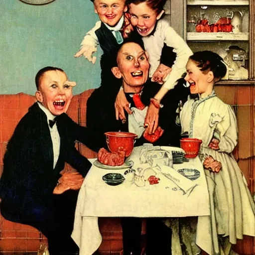 Prompt: a family invite a hellspawn demon to tea, painted by norman rockwell and tom lovell and frank schoonover