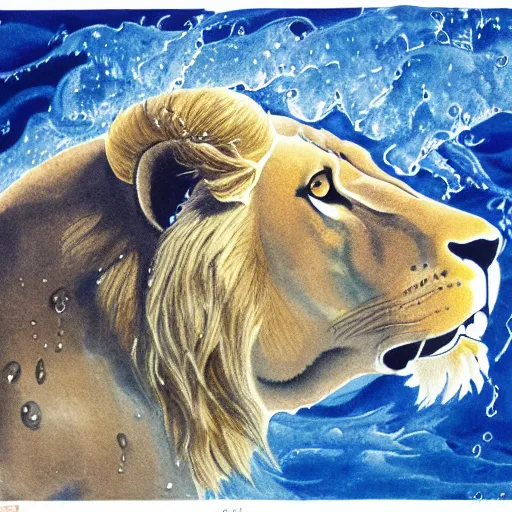 Image similar to a male lion's face breaching through a wall of water, water sprites, splashing, deep blue water color, highly detailed