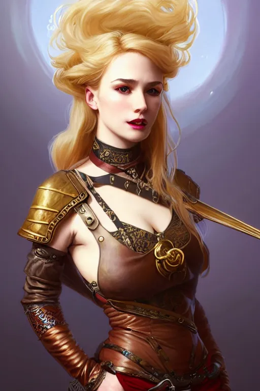 Image similar to Portrait of seductive female bard, D&D, revealing stylish dress like leather armor, choker on neck, long blonde or red hair, mouth slightly open, slight nerdy smile, fantasy, intricate, elegant, highly detailed, digital painting, artstation, concept art, smooth, sharp focus, illustration, art by artgerm and greg rutkowski and alphonse mucha