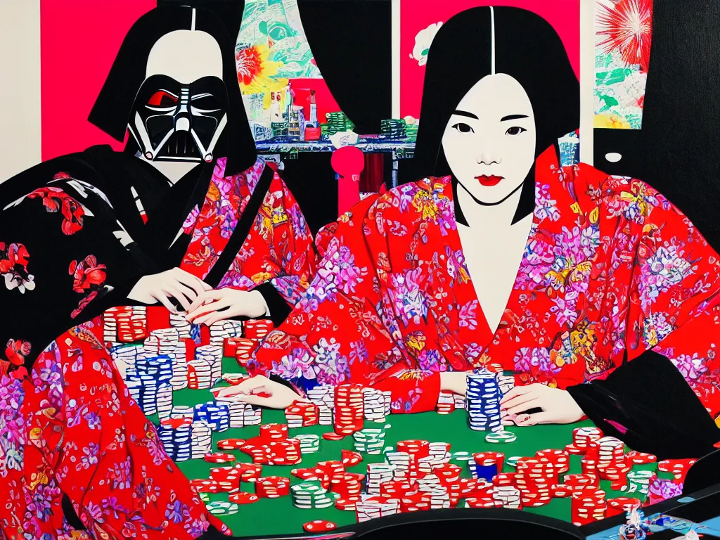 Image similar to hyperrealistim composition of the detailed single woman in a japanese kimono sitting at a extremely detailed poker table with darth vader, fireworks, river on the background, pop - art style, jacky tsai style, andy warhol style, acrylic on canvas