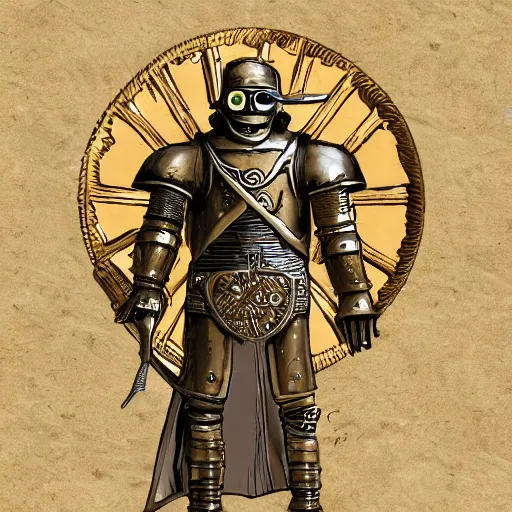 Prompt: Royal Warforged guard wielding a guisarme and a sun symbol engraved in it's chest, High res, detailed, dungeons and dragons