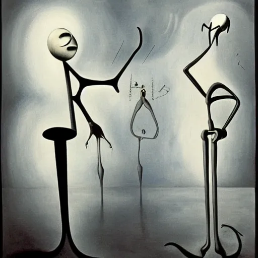 Image similar to Two extremely tall mechanical beings in a deep conversation. Dali. Yves Tanguy.