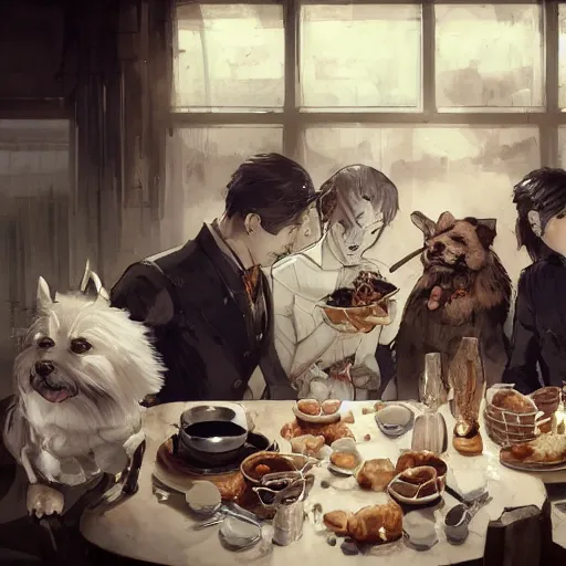 Prompt: a family of dogs with human bodies eating inside an upclass restaurant well dressed, ties, elegant, black and white by Dustin Nguyen, Akihiko Yoshida, Greg Tocchini, Greg Rutkowski, Cliff Chiang, 4k resolution