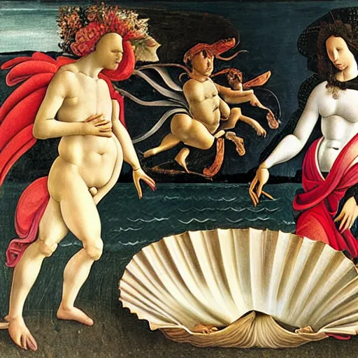 Image similar to oil painting by sandro botticelli of the birth of venus but with a black, brown and white corgi dog instead of venus standing on the scallop shell.