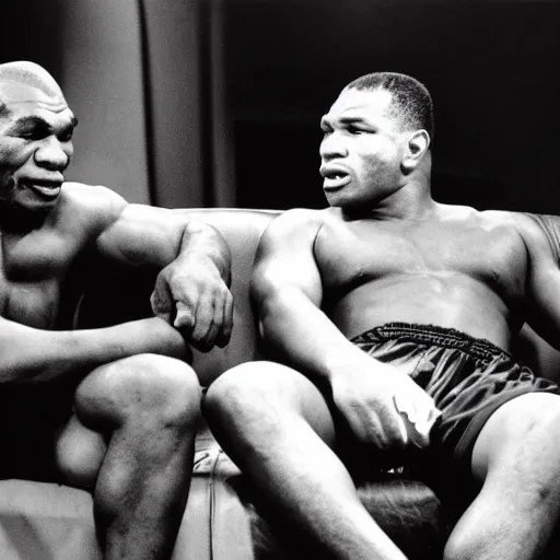 Image similar to a photo of a young mike tyson and Cus D’Amato talking on a couch, grey scale.