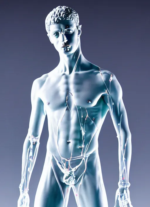 Prompt: a statue of a young fit man made of transparent glass, showing a blood system inside,, by philippe starck and victoria hagan, cinematic lighting, soft light, in front of a natural background, detailed digital photography by rutkovski and beksinski, masterpiece, gorgeous, 4 k