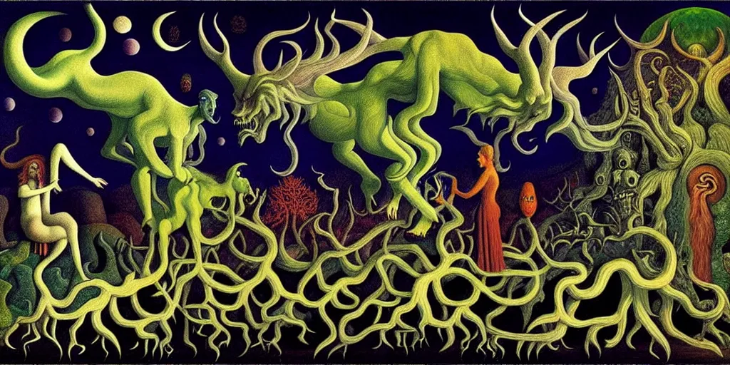 Image similar to mythical creatures and monsters in the imaginal realm of the collective unconscious, in a dark surreal painting by johfra, mc escher and ronny khalil