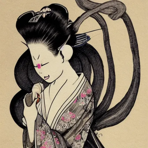 Image similar to full body photo of demon geisha, beautiful, scary, yokai, cinematic, high detail,