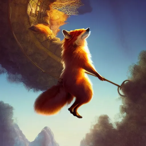 Image similar to anthropomorphic fluffy fox look like Indiana jones on the hot air balloon at night, clouds around, entire person visible, DnD character, unreal engine, octane render, dramatic lighting, pond, digital art, by Stanley Artgerm Lau, greg rutkowski, thomas kindkade, alphonse mucha, loish, norman Rockwell,