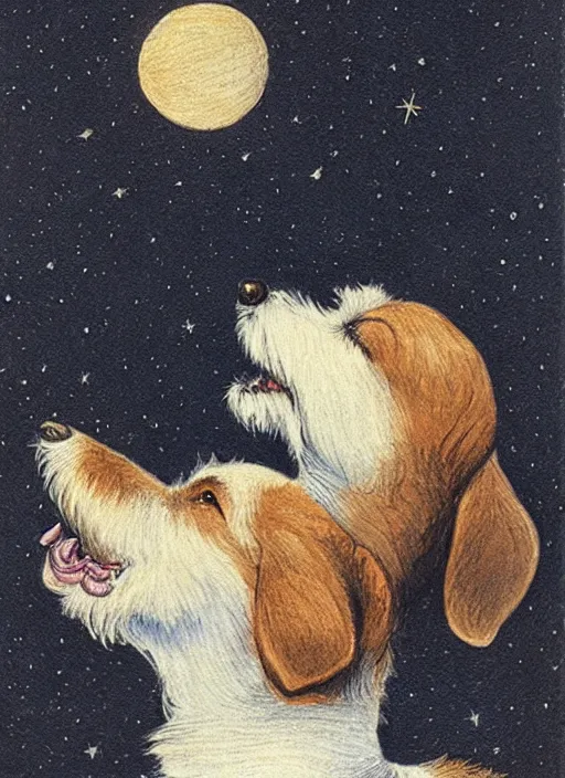 Image similar to portrait of jack russel dog looking up and howling with mouth open sad, night sky, highly detailed, side view, illustrated by peggy fortnum and beatrix potter and sir john tenniel