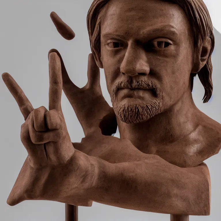 Image similar to enormous geometric minimalist accurate figurative sculpture of norman reedus pointing his finger, beautiful symmetrical!! face accurate face detailed face realistic proportions, hand - carved out of mahogany wood on a pedestal by stephan balkenhol and martin puryear, cinematic lighting shocking detail 8 k