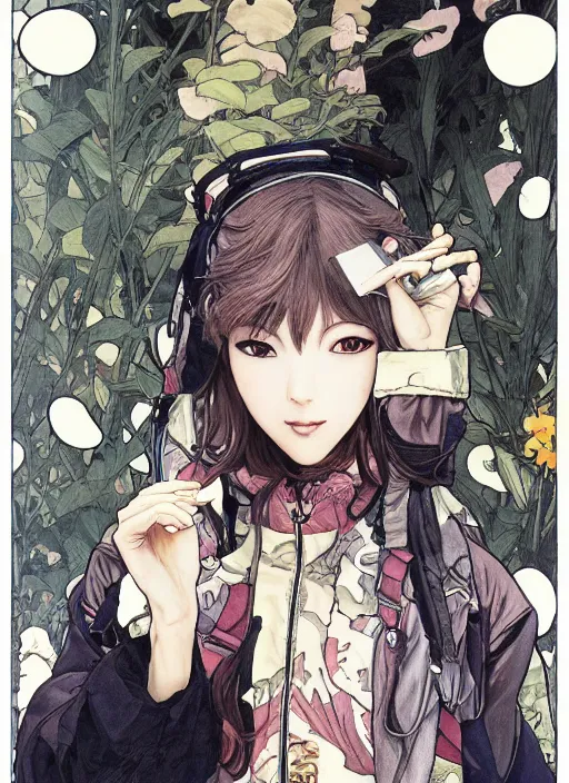 Image similar to a copic maker manga illustration by yoshiyuki sadamoto and lois van baarle and alphonse mucha of a japanese girl highly detailed big eyes wearing streetwear anorak and a pilot suit lots of zippers, pockets, synthetic materials, by issey miyake and balenciaga 8 k