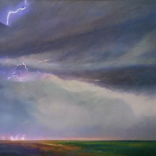 Image similar to thunderstorm with lots of lightning, oil painting