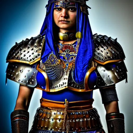 Image similar to photo of a beautiful warrior with lapis lazuli armour, highly detailed, 4k, HDR,