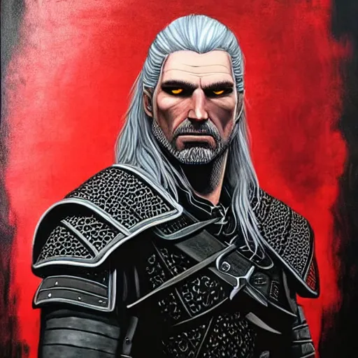 Prompt: a portrait of witcher, geralt of rivia with mordor in the background painting by elisabeth jerichau - baumann. red colors, painting, back tower, eye of sauron, oil on canvas, horizontally symmetric