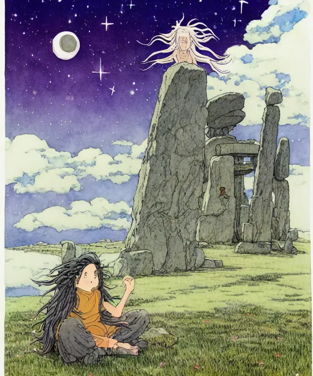 Image similar to a hyperrealist studio ghibli watercolor fantasy concept art. in the foreground is a giant long haired grey squid sitting in lotus position on top of stonehenge with shooting stars all over the sky in the background. by rebecca guay, michael kaluta, charles vess