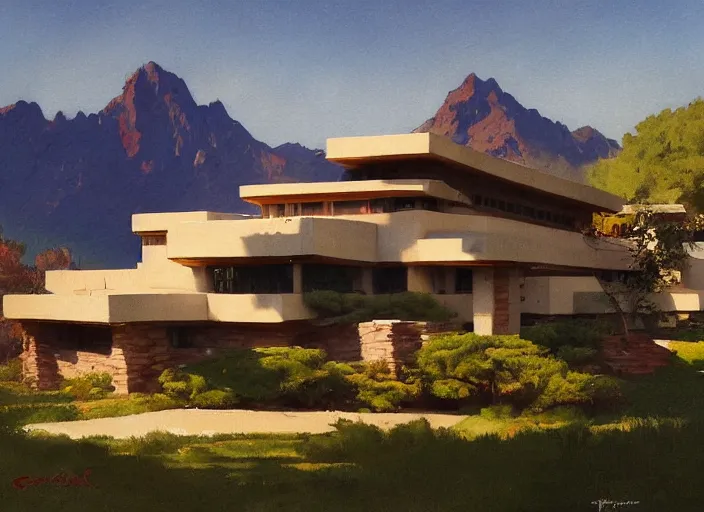 Prompt: painting of a frank lloyd wright house in front of beautiful mountains by greg rutkowski