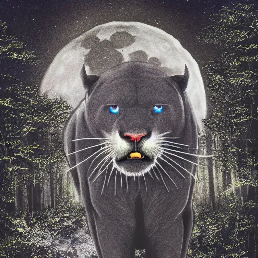 Image similar to a panther roaring at the moon in a forest during the night, large moon in the center. high quality. artistic. illustration. 4 k. cinematic. photoreal. highly detailed. dramatic. dark colors. night.