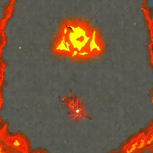 Image similar to TzKal-Zuk at the Inferno, old school runescape, lava river, magma, large shield of magma, obsidian pillars