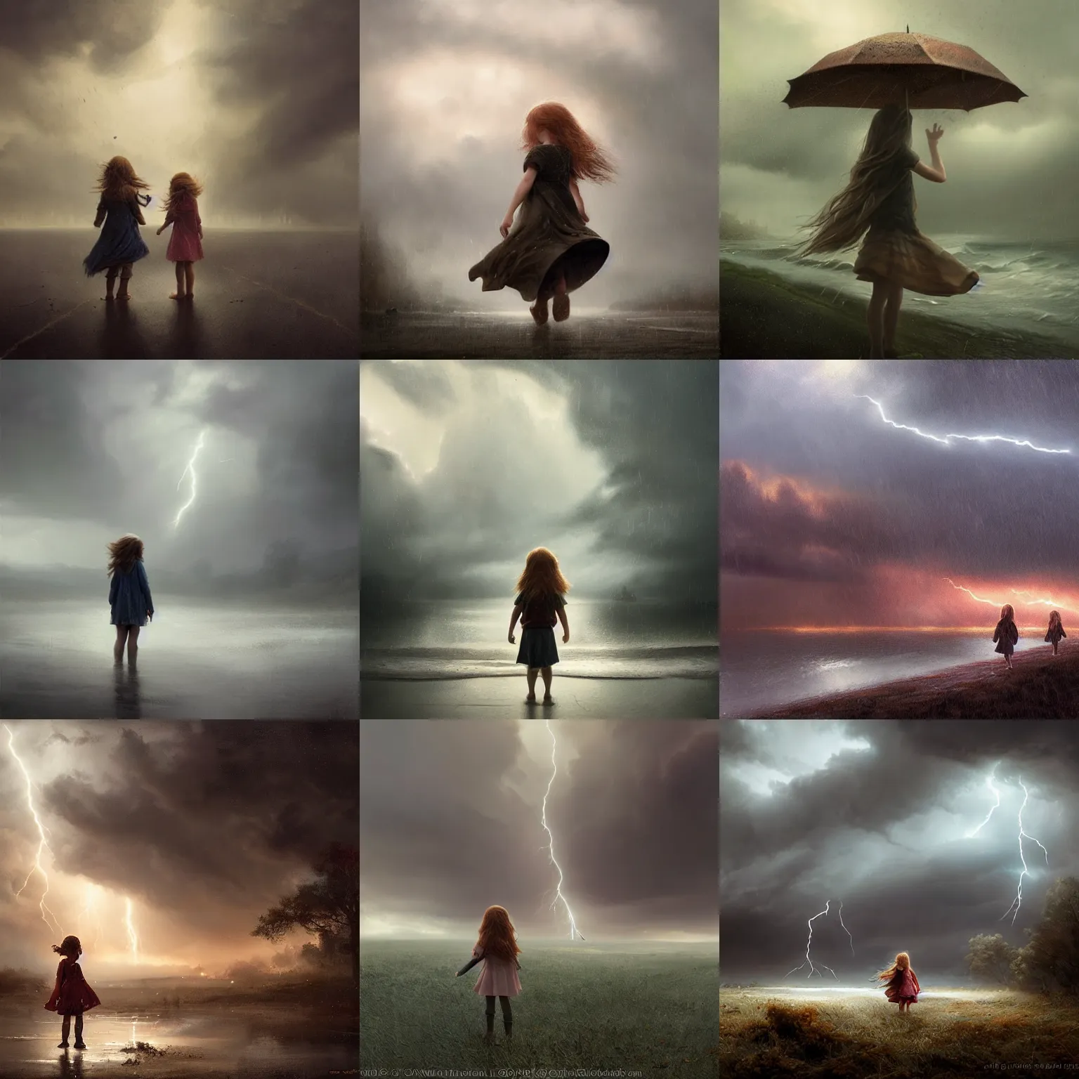 Prompt: 5 year old girl with long ginger hair. 2 year old girl with light brown hair. rain, lightning strike, storm. atmospheric lighting. matte painting by greg rutkowski.