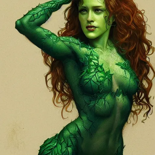 Image similar to full figure ultra realistic illustration, evan rachel wood as poison ivy with curly hair and green skin, intricate, elegant, highly detailed, digital painting, artstation, concept art, smooth, sharp focus, illustration, art by artgerm and greg rutkowski and alphonse mucha