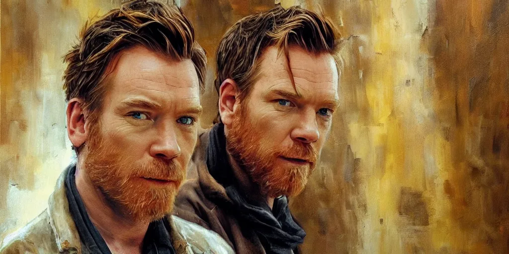 Image similar to we see ewan mcgregor from side. atmospheric feeling, warm colours, brown colours, yellow colours, epic scene, cinematic, very detailed, oil painting