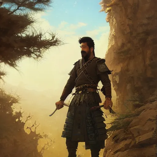 Image similar to Highly detailed portrait of Kurdish samurai, Stephen Bliss, unreal engine, fantasy art by Greg Rutkowski, Loish, Rhads, ferdinand knab, Makoto Shinkai and Lois van baarle, ilya kuvshinov, rossdraws, Tom Bagshaw, alphonse mucha, global illumination, radiant light, detailed and intricate environment, highly detailed, award winning art