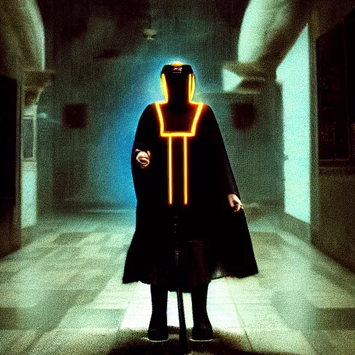 Image similar to electric warrior monks, robed, cyberpunk cathedral, special effects, neon, cyberpunk, realistic, cinematic style, visually stunning, 35mm, film post process