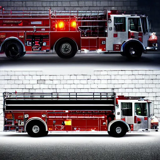 Image similar to A firetruck at night, back view, off angle, dark shading, flashing lights, wet reflective concrete, city, photograph, award winning, deviantart