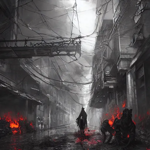 Prompt: streets of manila, philippines as lovecratian horror, hp lovecraft, eldricht abominations, demonic, hell, burning, suffering, depressing image, unreal engine, artstation hd