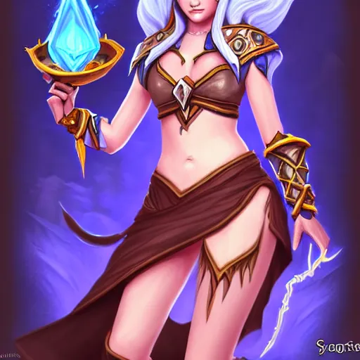 Image similar to Full body drawing of a sorceress, Hearthstone official trending art, exagerated accurate details, trending on MasterpieceStation in category 'Perfect identical eyes'