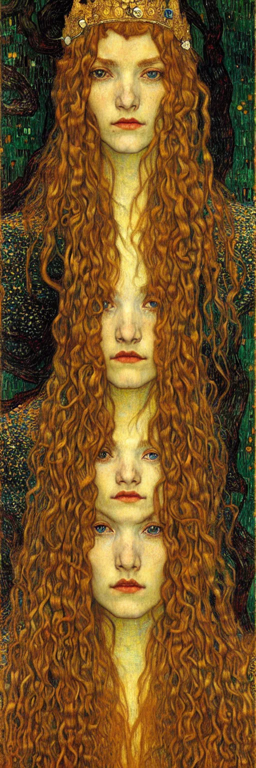 Image similar to detailed realistic beautiful young medieval queen face portrait by jean delville, gustav klimt and vincent van gogh, art nouveau, symbolist, visionary, gothic, pre - raphaelite, muted earthy colors, desaturated