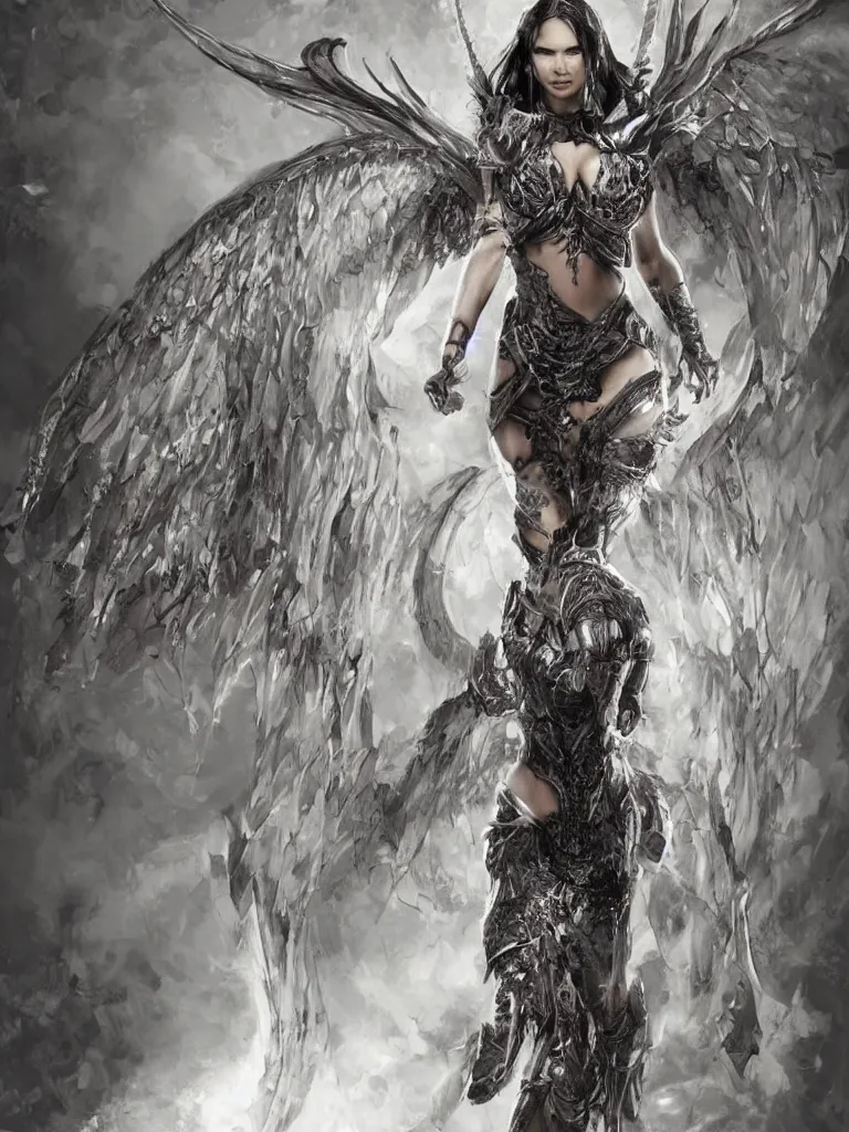 Image similar to 8K render! beautiful Adriana Lima in Skyrim MOD Angel Armor, wings wide opened , whole body heavily covered in elfish tattoos , intricate, elegant, highly detailed, digital painting, artstation, wallpaper!, concept art, smooth, sharp focus, high fantasy illustration, art by artgerm and Vasylina, and Peter Andrew Jones