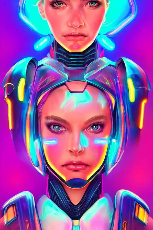 Prompt: portrait of a girl with a biomechanic armor and neon light by Lisa Frank, digital painting, highly detailed, trending on artstation