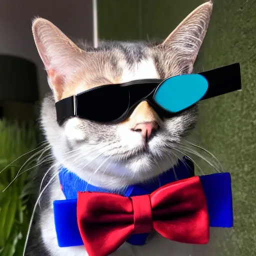 Image similar to sapphire cat wearing black goggles and red bow tie