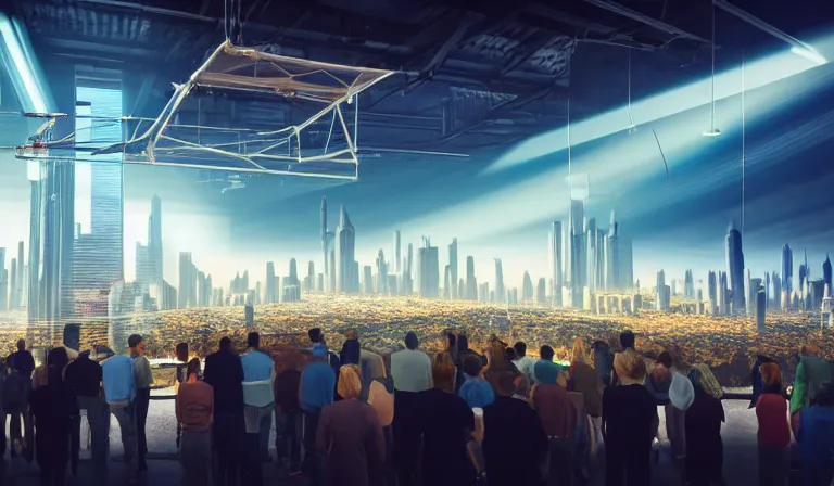 Image similar to crowd of people in simple windowed warehouse, looking at hologram of futuristic city on a table, cinematic concept art, godrays, golden hour, natural sunlight, 4 k, clear details, tabletop model buildings, center model buildings, hologram center, crane shot, crane shot, crane shot