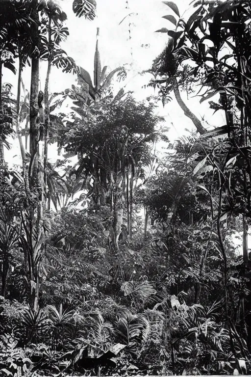 Image similar to alien buildings inside a jungle, black and white photography, year 1 9 0 0