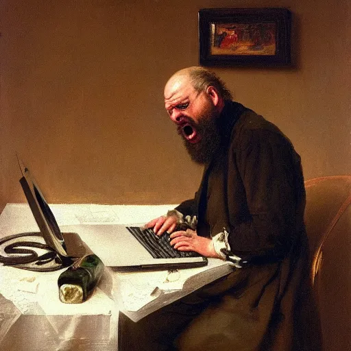 Image similar to an angry man yells at his computer monitor, oil on canvas, 1 8 8 3, highly detailed, high resolution