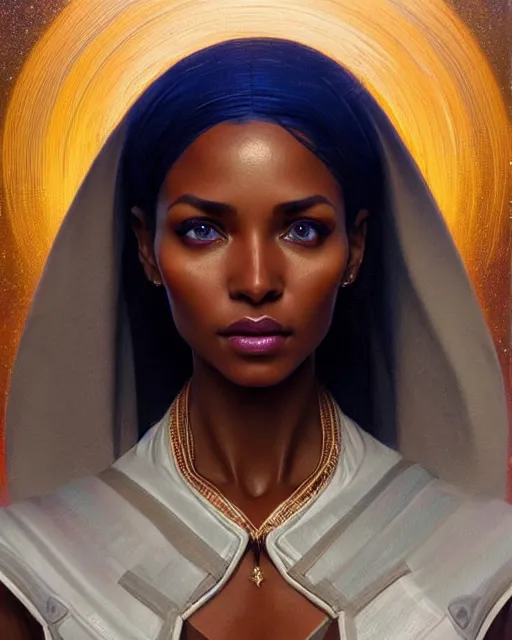 Prompt: Portrait of very very very very very very beautiful ethiopian woman, spacesuit, blue eyes, real life skin, intricate, elegant, highly detailed, artstation, concept art, smooth, sharp focus, art by artgerm and greg rutkowski and alphonse mucha