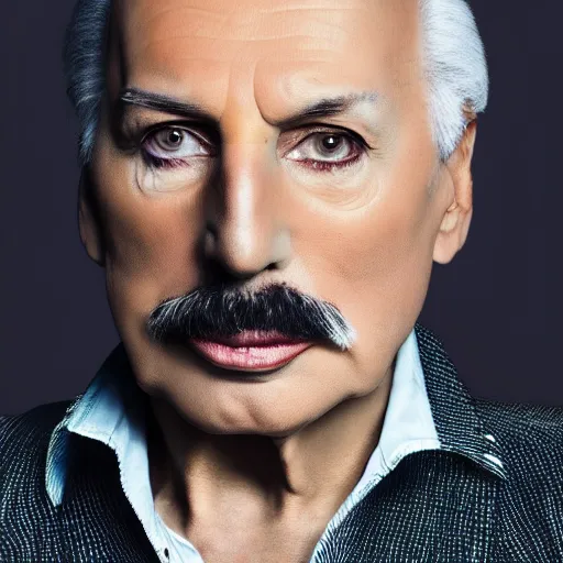 Image similar to old freddie mercury singer at age 7 5 years old, color ( sony a 7 r iv, symmetric balance, polarizing filter, photolab, lightroom, 4 k, dolby vision, photography award ), vogue, perfect face, movie poster