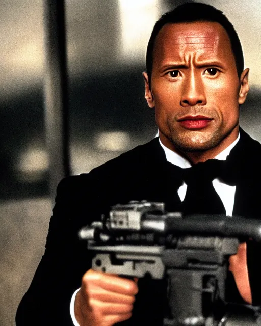 Image similar to Film still close-up shot of Dwayne Johnson as James Bond from the movie Goldeneye. Photographic, photography